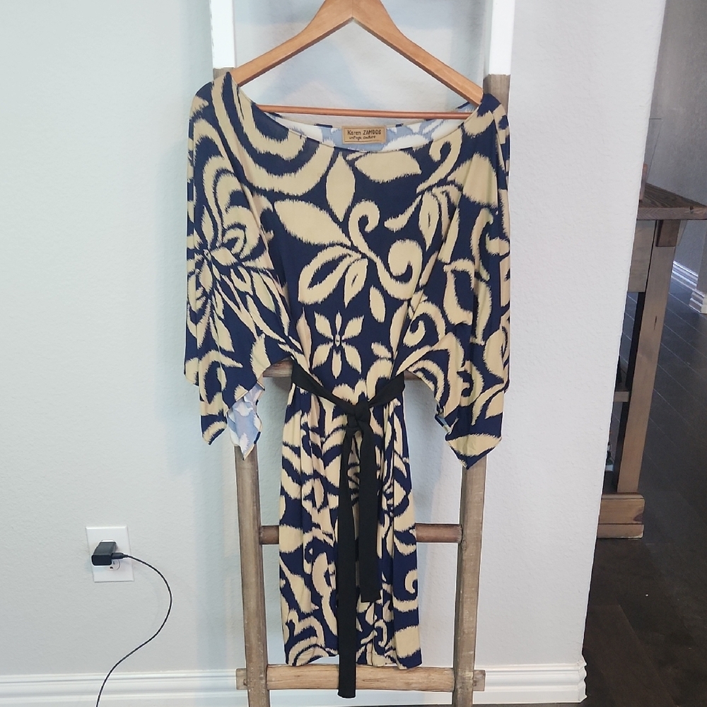 Karen Zambos Blue and Cream Patterned Dress
